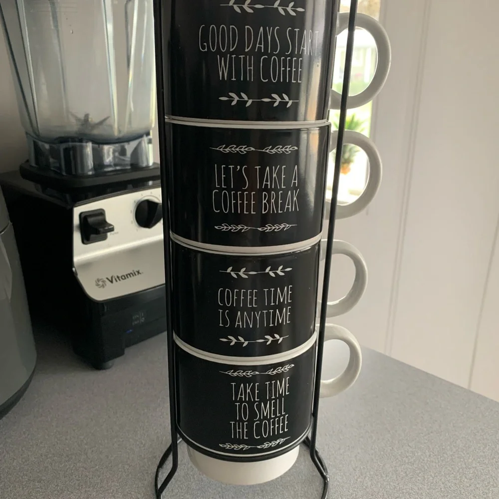 Black and White Coffee Mug Set with Stand - Picture 2 of 3
